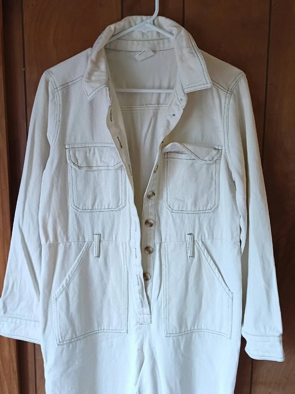 By Together 100% Cotton Cream Utility Jumpsuit Size M Button Front Boilersuit - Picture 2 of 6